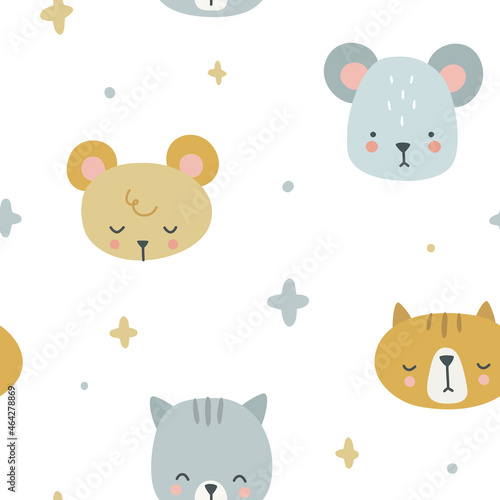Fototapeta Naklejka Na Ścianę i Meble -  Cute cartoon cat and mouse pattern. Seamless texture for textile, fabric, apparel, wrapping, paper, stationery, nursery.