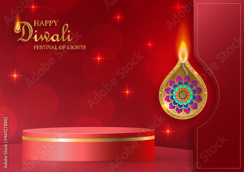 Podium round stage style, for Diwali, Deepavali or Dipavali, the indian festival of lights with Diya lamp, fire lighting and orientl objects on color background