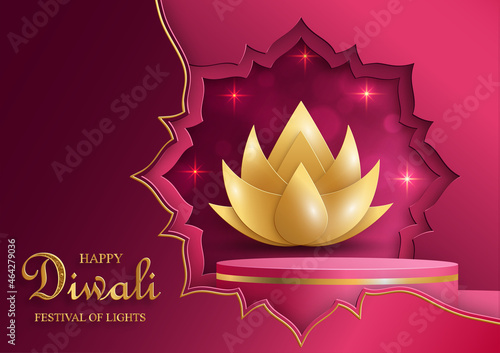 Podium round stage style, for Diwali, Deepavali or Dipavali, the indian festival of lights with Diya lamp, fire lighting and orientl objects on color background