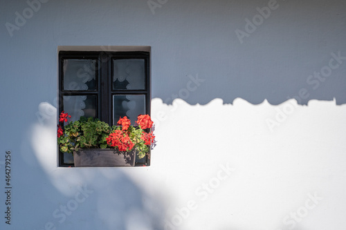 Fototapeta Naklejka Na Ścianę i Meble -  Wooden window in an old farm house with colorful potted flowers in the ethnographic village of Holloko in Hungary