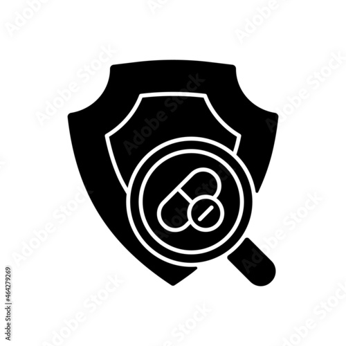 Checking safety of new drugs black glyph icon. Dose response assessment. Pill testing. Potential medication development. Toxicity tests. Silhouette symbol on white space. Vector isolated illustration