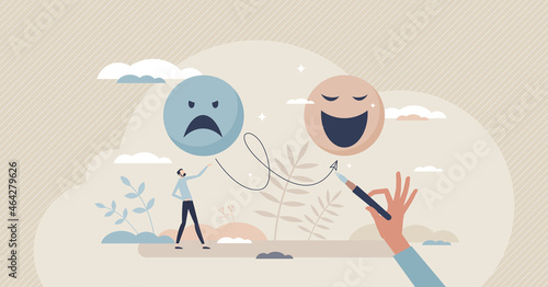 Positive thinking as switch from sad feeling to happy tiny person concept. Optimism and mindset power to change emotions from mad to joyful vector illustration. Behavior decision with mental power.