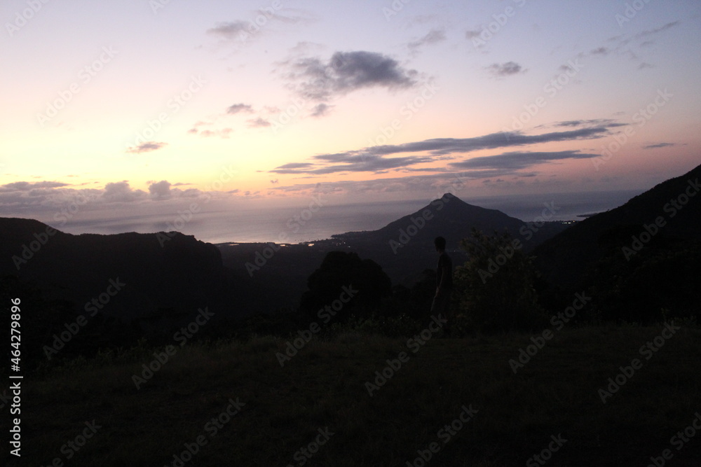 View of sunset from Machabee Viewpoint located in Black River Gorges at Le Petrin, Mauritius