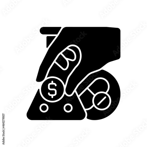 Crowdfunding for medical trials black glyph icon. Raise research funds. Sponsored clinical studies. Health financing. Crowdfunded trials. Silhouette symbol on white space. Vector isolated illustration