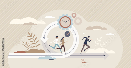 Agile with quick decisions and adapt to new situation tiny person concept. Business strategy change and company progress improvement based on effective, fast and flexible thinking vector illustration.
