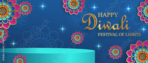 Podium round stage style, for Diwali, Deepavali or Dipavali, the indian festival of lights with Diya lamp, fire lighting and orientl objects on color background