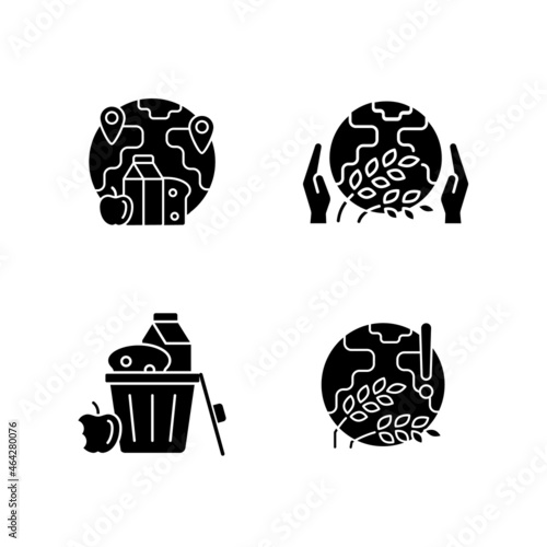 World hunger issues black glyph icons set on white space. Global harvest wilt. International allocation. Starvation relief organizations. Silhouette symbols. Vector isolated illustration