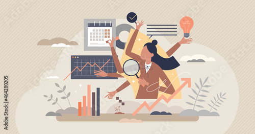 Project management skills with effective multitasking tiny person concept. Female business scene with information monitoring and data control about productive company success vector illustration.