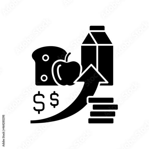 Increasing food prices black glyph icon. Price inflation. Economical issue. Grocery shopping. Food insecurity and hunger reason. Silhouette symbol on white space. Vector isolated illustration