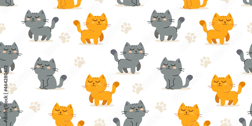 Vector illustration of happy cute cat character on white color background. Flat line art style design of seamless pattern with red and gray animal cat