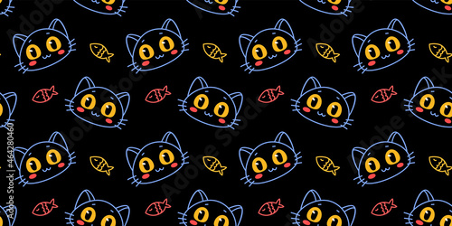 Vector illustration of happy cute cat character with fish on black color background. Flat line art style design of seamless pattern with animal cat