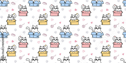 Fototapeta Naklejka Na Ścianę i Meble -  Vector illustration of happy cute cat character in box on white color background. Flat line art style design of seamless pattern with animal cat
