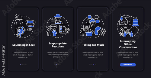Impulsivity symptoms onboarding mobile app page screen. Talking too much walkthrough 4 steps graphic instructions with concepts. UI, UX, GUI vector template with linear night mode illustrations