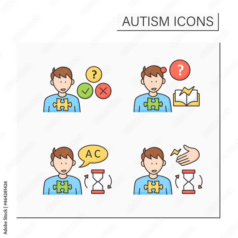 Autism spectrum disorder color icons set. Socially awkward, learning disability, repeating words, phrases, noises. Atypical behavior.Neurodevelopmental disorder concept. Isolated vector illustrations