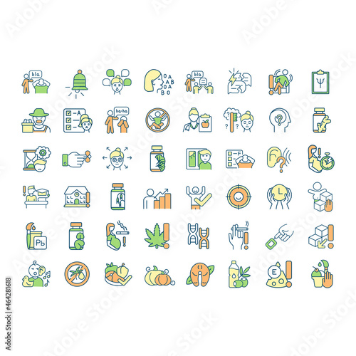 Neurodevelopmental disorder RGB color icons set. ADHD symptoms. Natural product. Communication skills. Healthy lifestyle. Isolated vector illustrations. Simple filled line drawings collection