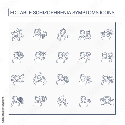 Schizophrenia symptoms line icons set. Brain disorder. General apathy. Unable to recognize reality.Healthcare concept. Isolated vector illustration.Editable stroke