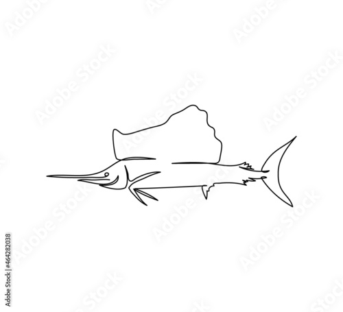 Swordfish, tuna, sailfish continuous line drawing. One line art of predatory fish, seafood, marine animals.