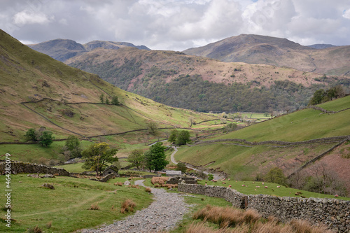 Footpath down to Hartsop from Hayeswater, Hartsop above How, Dove Crag and St Sunday Crag on the horizon, Lake District, UK photo