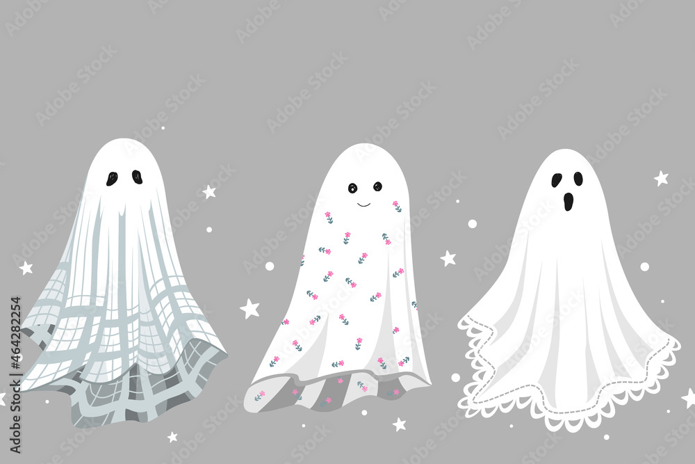 Seamless pattern with cute ghosts in a vintage sheets. Border design element for Halloween decorative design. Vector illustration