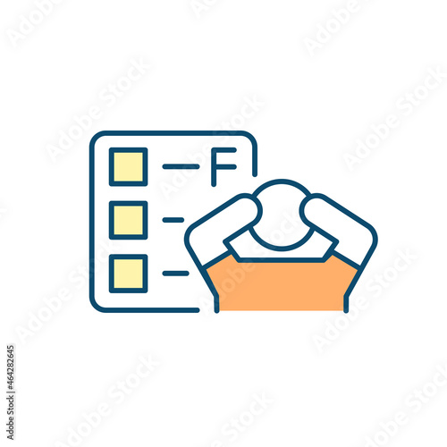 Getting bad grades in school RGB color icon. Having difficulty in college. Poor academic performance. Putting no efforts into schoolwork. Isolated vector illustration. Simple filled line drawing