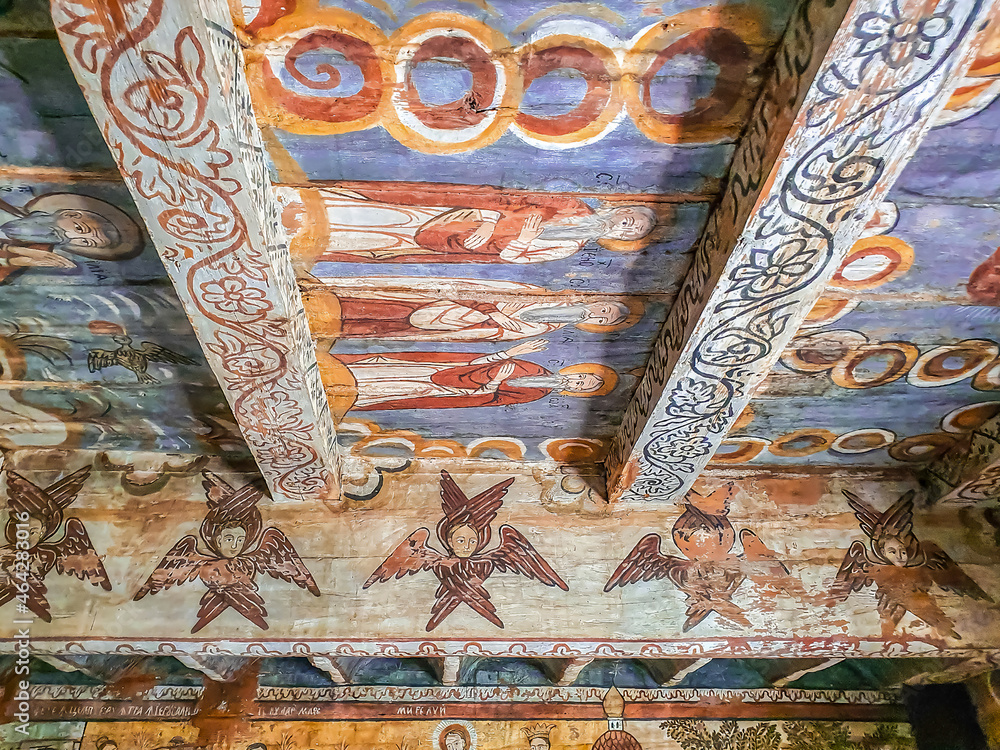 Interior of the medieval wooden church from Ieud Deal, Maramures, Romania