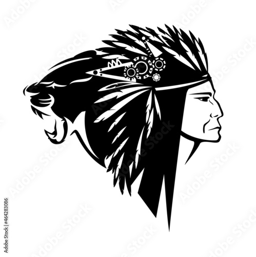 native american tribal chief wearing feathered headdress nad wild roaring cougar head - black and white vector shaman portrait outline