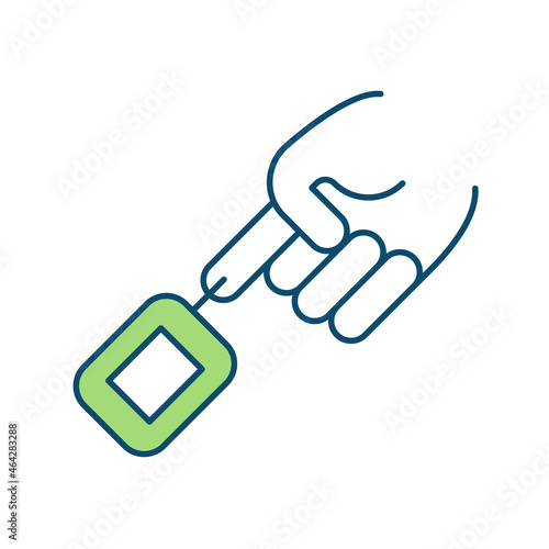 Blood sugar testing RGB color icon. Glucose monitor. Pricking finger with small needle. Diabetes management. Measuring sugar levels in blood. Isolated vector illustration. Simple filled line drawing