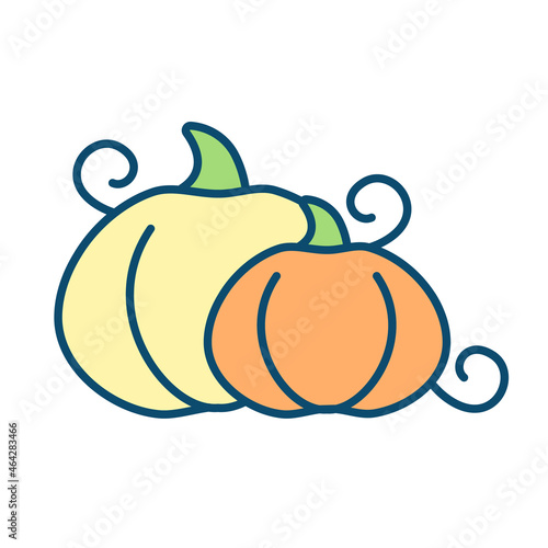 Pumpkins RGB color icon. Nutritious orange vegetable. Ripe pumpkin for carving and Halloween design. Weight-loss-friendly food. Harvest symbol. Isolated vector illustration. Simple filled line drawing