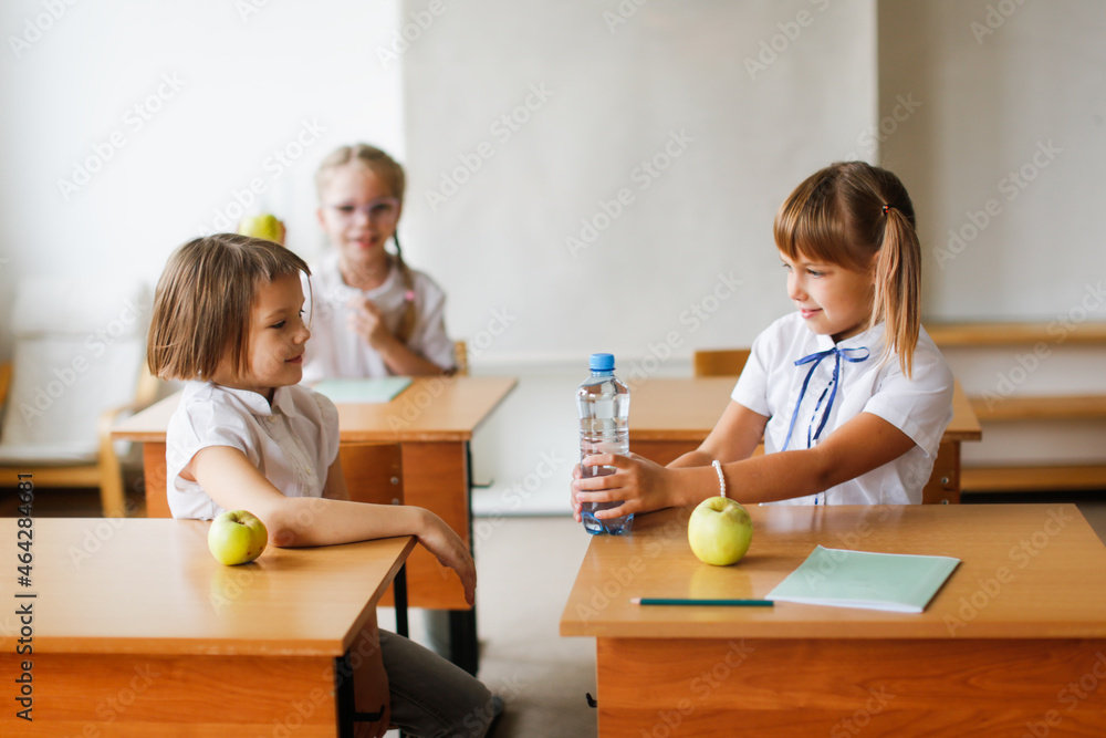 A healthy snack at school, green apples and water at school recess. Children share food in class during the break, friendships and relationships of classmates A healthy snack at school, green apples and water at school recess. Children share food in class during the break, friendships and relationships of classmates