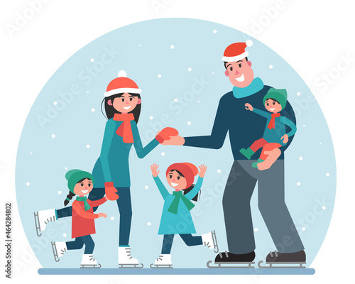 Big family at the rink. Parents and children ice skating in the snow. Leisure. Vector illustration in a flat style.