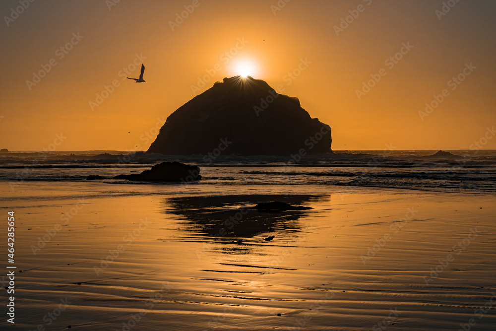Pacific Ocean sunset view of Face Rock in Bandon Oregon with setting sun creating a star.