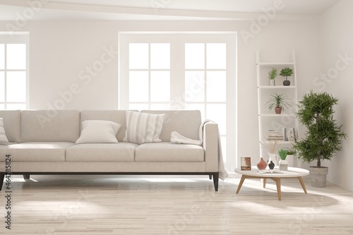 White living room with sofa. Scandinavian interior design. 3D illustration © AntonSh