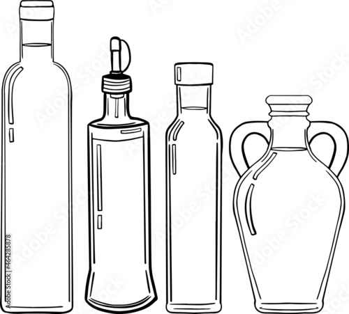 Hand drawn vector glass oil bottle. Illustration outline in retro sketch style. Glass bottle for liquid. Hand drawn design element.
