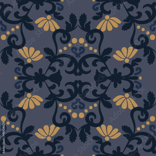 Seamless floral pattern in an antique style. Damask decorative ornament. Blue, yellow color. For fabric, tile, wallpaper or packaging. Vector graphics.