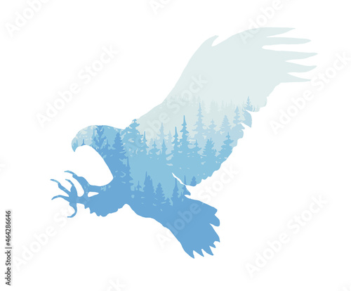 Forest in silhouette of flying bird of pray. Trees, hunting eagle. Blue wild landscape vector illustration. Animal isolated on white background.