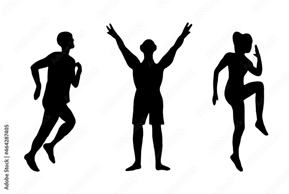 Isolated silhouette of sportswomen girl and men. Hand drawn. Template.