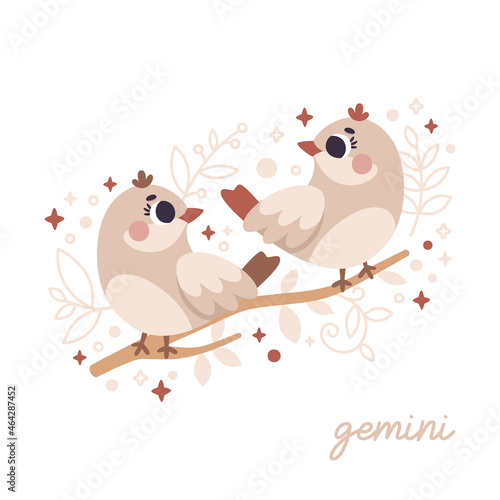 Baby Zodiac Sign Gemini with leaves, branches, moon, rain, stars. Cute vector astrology character