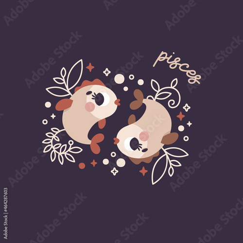 Baby Zodiac Sign Pisces with leaves, branches, moon, rain, stars. Cute vector astrology character