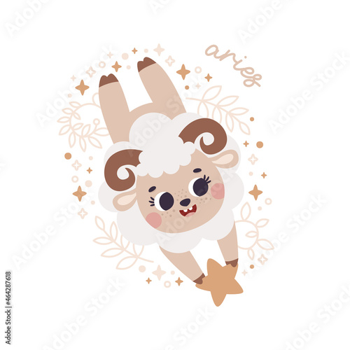 Baby Zodiac Sign Aries with leaves, branches, moon, rain, stars. Cute vector astrology character