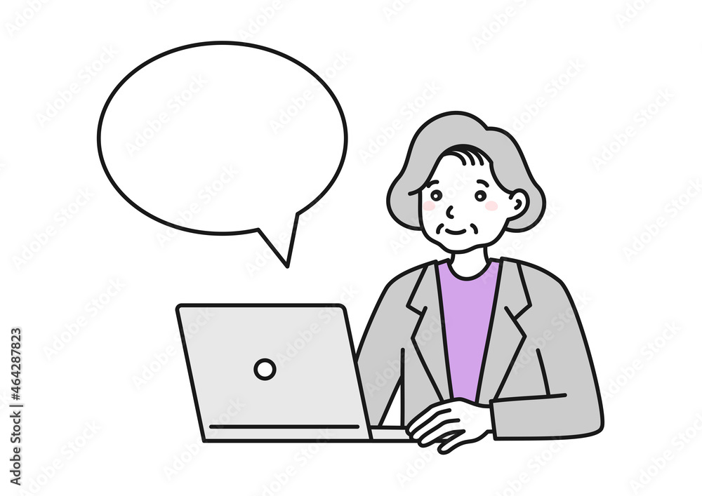 パソコンを操作するスーツを着た会社員の年配女性のイメージイラスト素材 パソコンを操作するスーツを着た会社員の年配女性のイメージイラスト素材