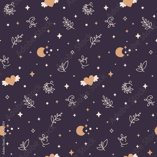 Seamless celestial cute vector pattern with moon, stars, hearts, leaves, plants, branches