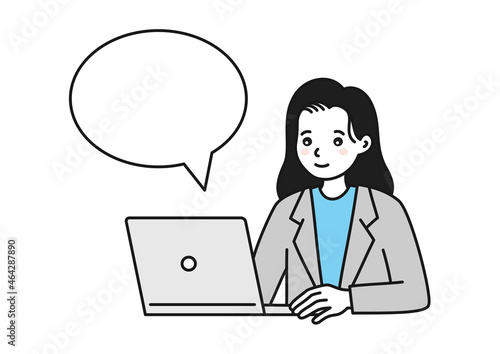 パソコンを操作するスーツを着た会社員の女性のイメージイラスト素材