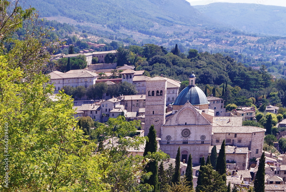 View of Assisi from the hill of Rocca Major, Italy