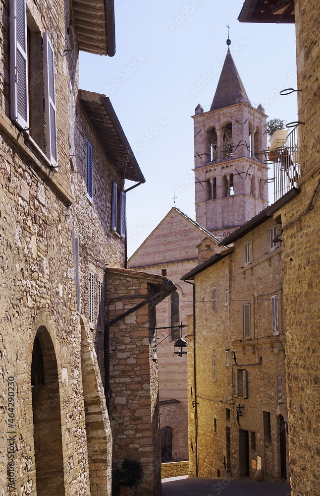 Bell tower of the basilica of Santa Chiara in Assisi, Italy