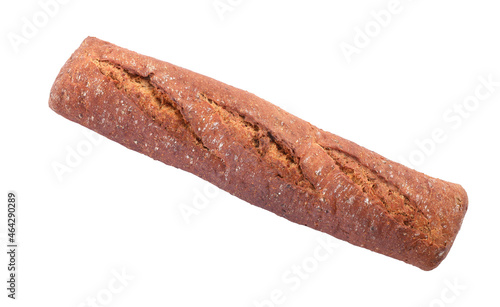 Tasty rye baguette isolated on white, top view. Fresh bread