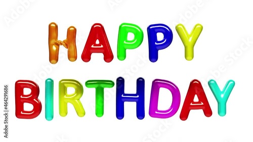 Happy birthday shaped form of multi-colored inflating floating balloons against white background. Suitable for birthday congratulations to children and adults. Alpha channel included in the end of the