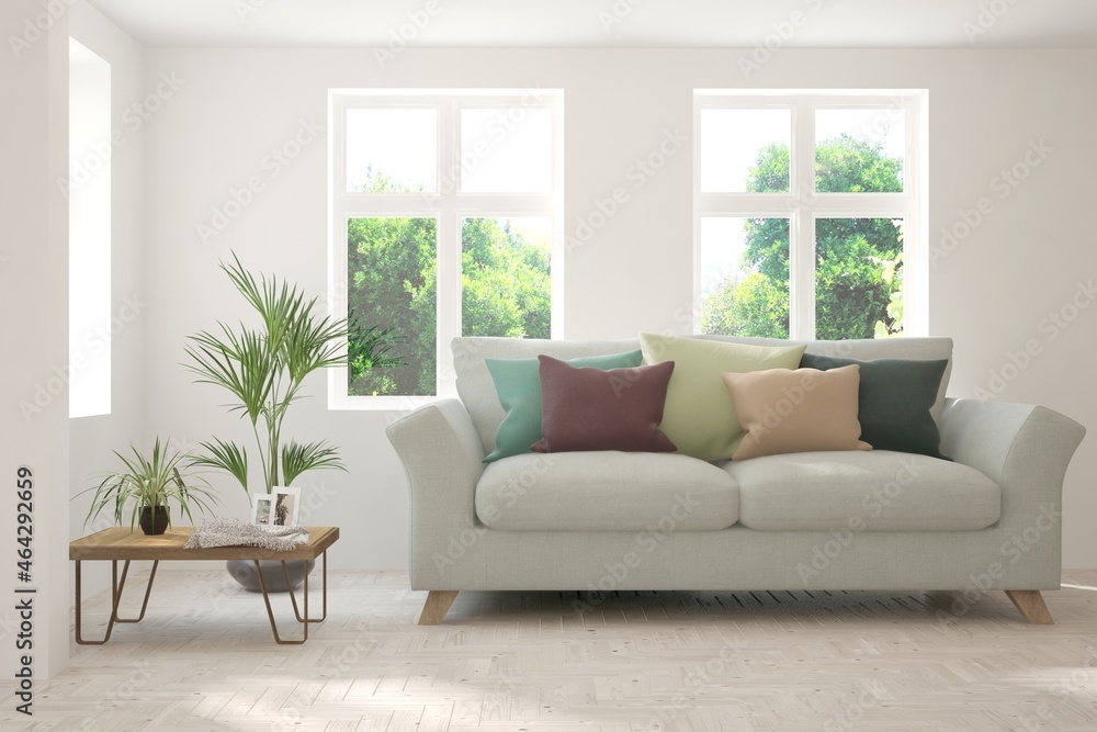 White living room with sofa and summer landscape in window. Scandinavian interior design. 3D illustration White living room with sofa and summer landscape in window. Scandinavian interior design. 3D illustration