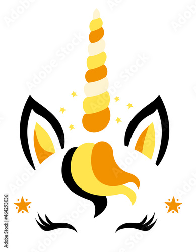 Beautiful Unicorn head with Candy corn headband, Unicorn Face with lashes. Vector illustration for card and shirt design for autumn holidays. Happy Halloween decoration. Trick or treat.
