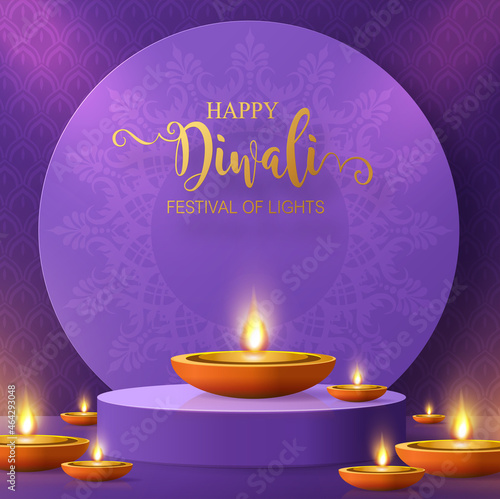 Diwali, Deepavali or Dipavali the festival of lights india with gold diya patterned and crystals on paper color Background.
