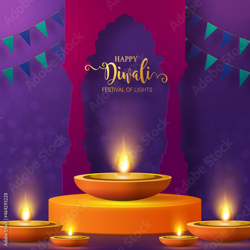 Diwali, Deepavali or Dipavali the festival of lights india with gold diya patterned and crystals on paper color Background.
